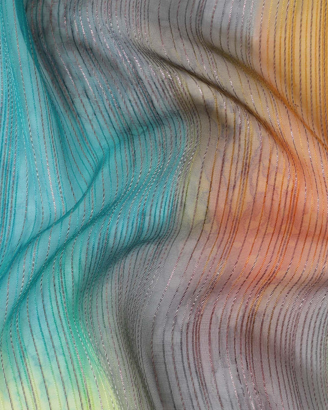 قماش شيفون من الحرير الخالص متعدد الألوان مع لوريكس معدني ذهبي بتصميم مخطط -D12619