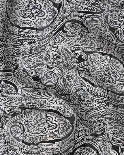 White Uragiri cotton fabric with black colour prints in paisley design-11228