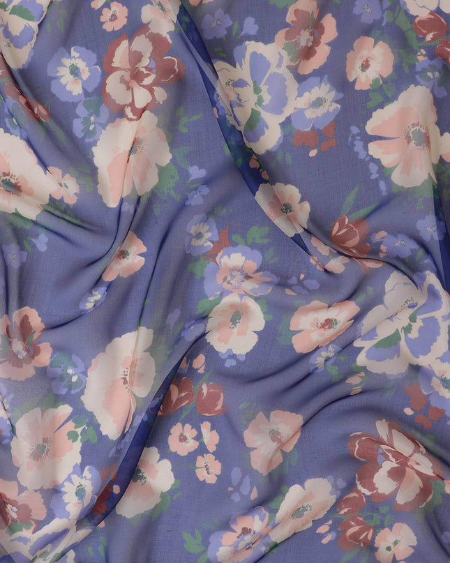 قماش شيفون من الحرير الخالص باللون الأزرق الملكي مع طباعة متعددة الألوان بتصميم الأزهار-D13229