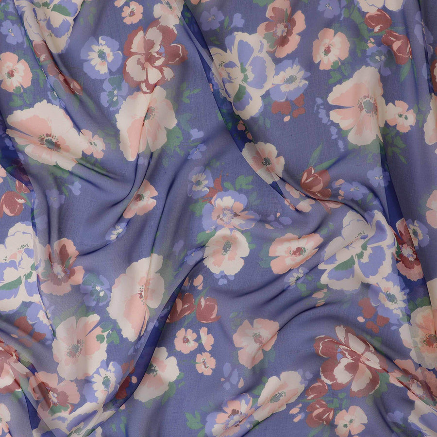 قماش شيفون من الحرير الخالص باللون الأزرق الملكي مع طباعة متعددة الألوان بتصميم الأزهار-D13229