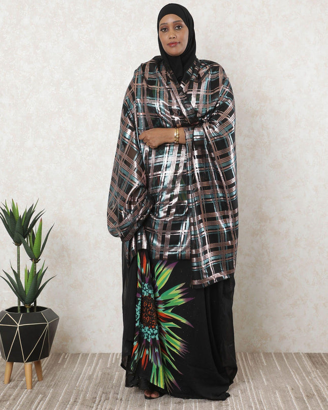 Black Premium pure French (Fransawi) silk chiffon garbasaar with copper and blue metallic lurex in checks design-D11558