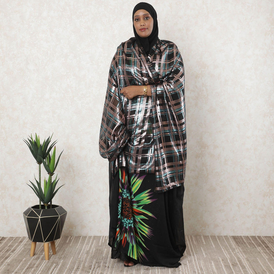 Black Premium pure French (Fransawi) silk chiffon garbasaar with copper and blue metallic lurex in checks design-D11558