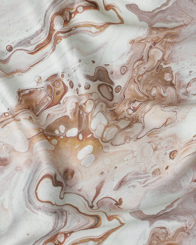 Tea green synthetic modal satin fabric with same tone and brown tie & die print in abstract design-D15017 Regal Fabrics
