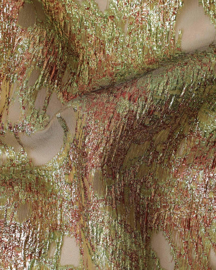 Olive green silk organza fabric with maroon and neon green metallic jacquard in fancy design-D14029 Regal Fabrics