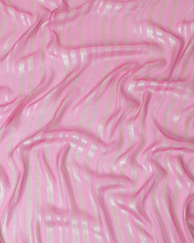 Hot pink Premium pure silk chiffon fabric with gold metallic lurex in stripe design-D12404