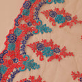 Gold nylon tulle fabric with royal blue, scarlet red and teal blue and gold embroidery in floral design-D9182