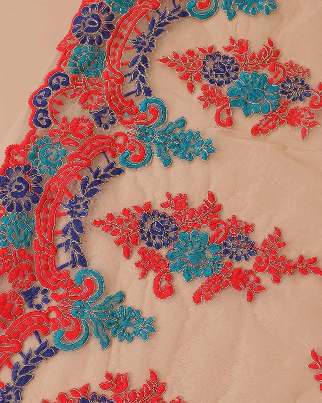 Gold nylon tulle fabric with royal blue, scarlet red and teal blue and gold embroidery in floral design-D9182 Regal Fabrics