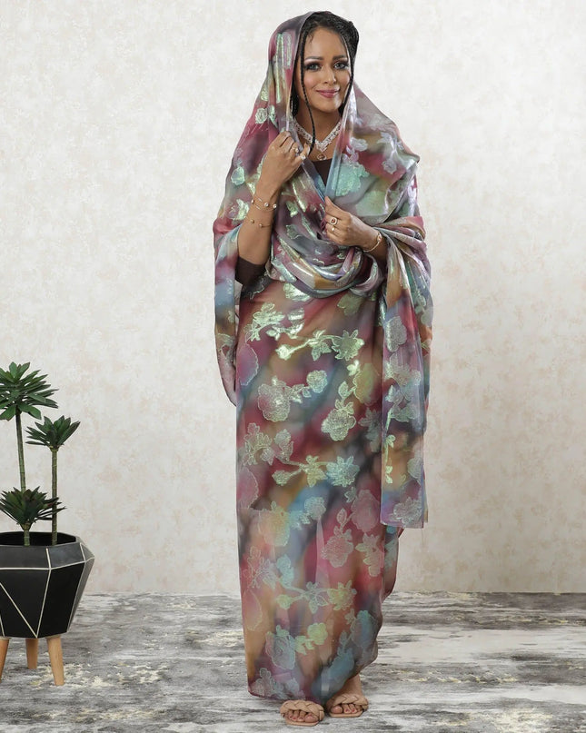 Multicolor Premium pure silk chiffon thobe with neon green metallic lurex in floral design-D9458 Regal Fabrics