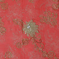 Scarlet red georgette chiffon fabric with golden foil print, golden embroidery and stone work in floral design
