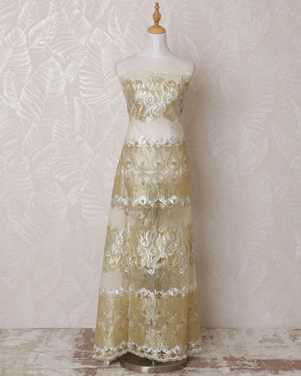 قماش تول نايلون ذهبي بنفس اللون، تطريز باللون البيج مع أعمال حجرية بتصميم فاخر -D14702