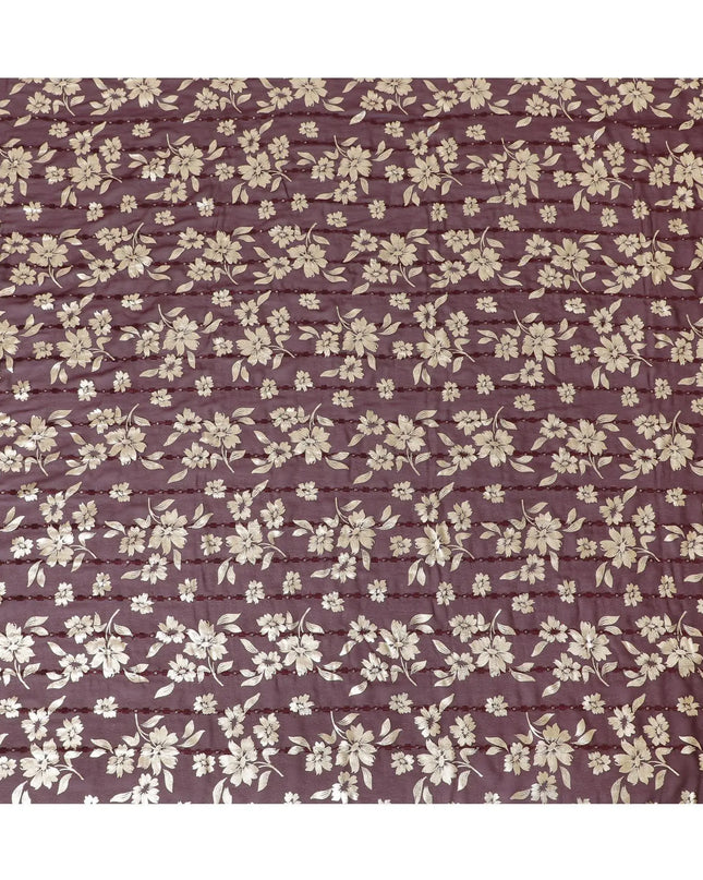 Plum  synthetic georgette fabric with same tone embroidery, gold sequins having gold foil print in floral design-D12233 Regal Fabrics