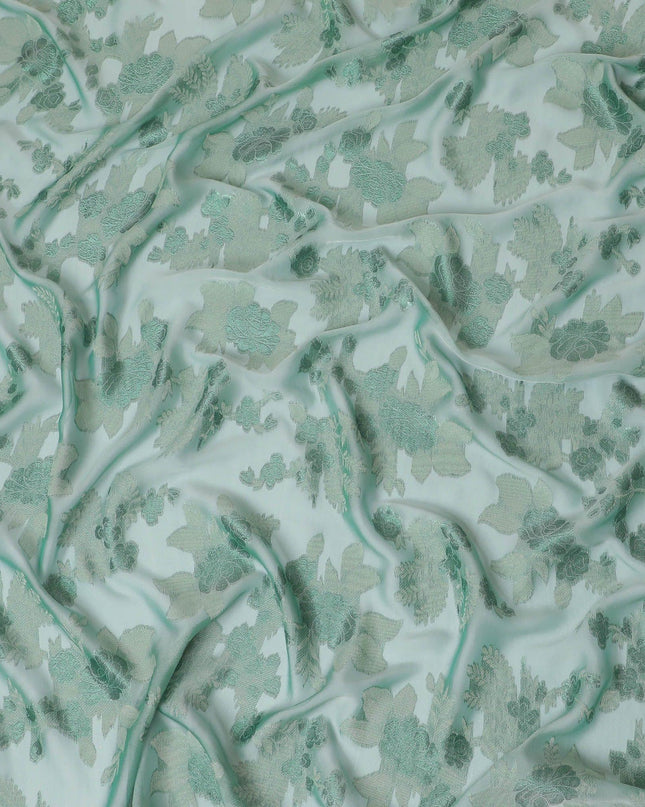 قماش من الشيفون الحريري الفرنسي (الفرنساوي) الفاخر باللون الأخضر الباستيل مع الفيسكوز الأخضر المريمي مع اللوريكس الأخضر بتصميم الأزهار -D14063