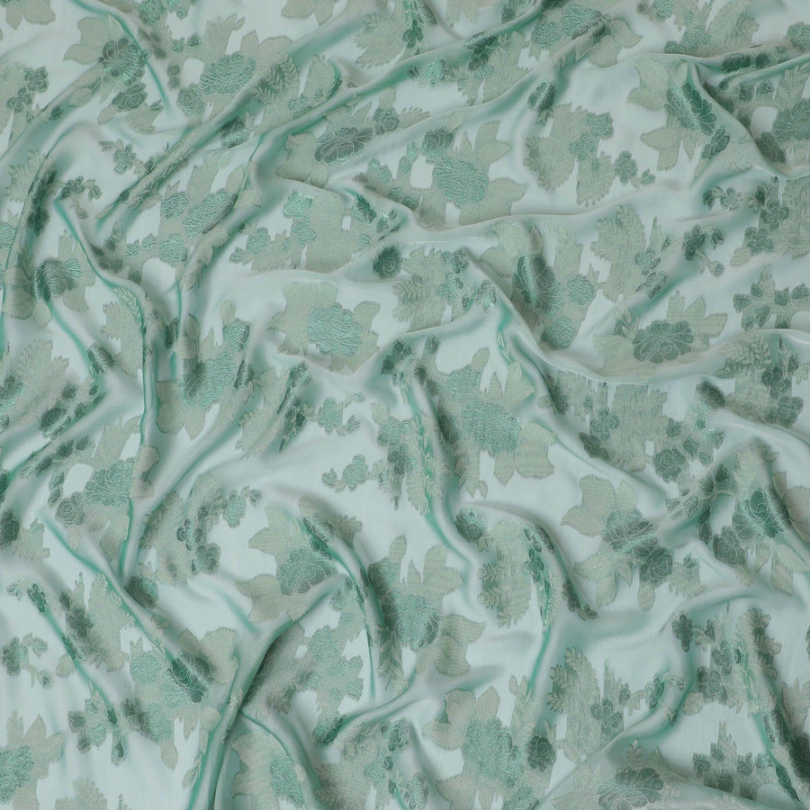 قماش من الشيفون الحريري الفرنسي (الفرنساوي) الفاخر باللون الأخضر الباستيل مع الفيسكوز الأخضر المريمي مع اللوريكس الأخضر بتصميم الأزهار -D14063