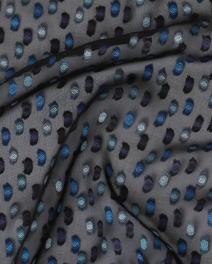 Dark navy blue premium pure French (Fransawi) silk chiffon fabric with teal green, blue and purple viscose in dot design-D14223