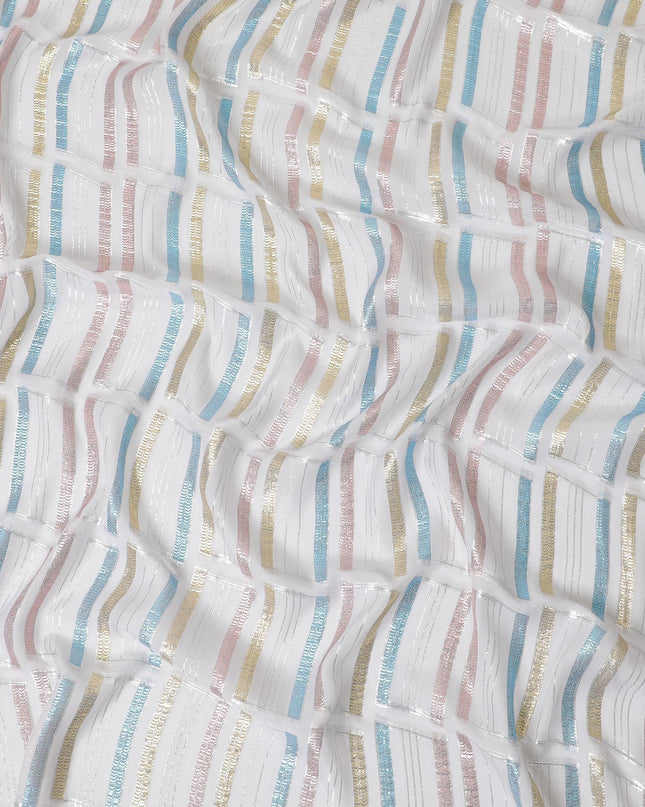 قماش شيفون من الحرير الخالص باللون الأبيض الفاتح مع لوركس معدني متعدد الألوان بتصميم تجريدي -D13845