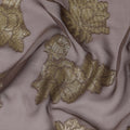 Brown premium pure French (Fransawi) silk chiffon fabric with gold metallic lurex in floral design-D14219