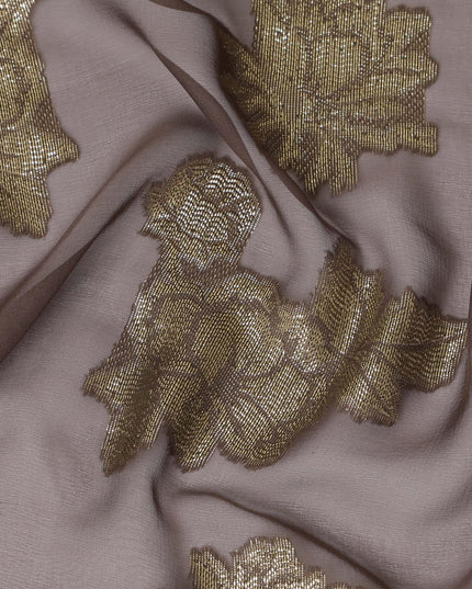 Brown premium pure French (Fransawi) silk chiffon fabric with gold metallic lurex in floral design-D14219