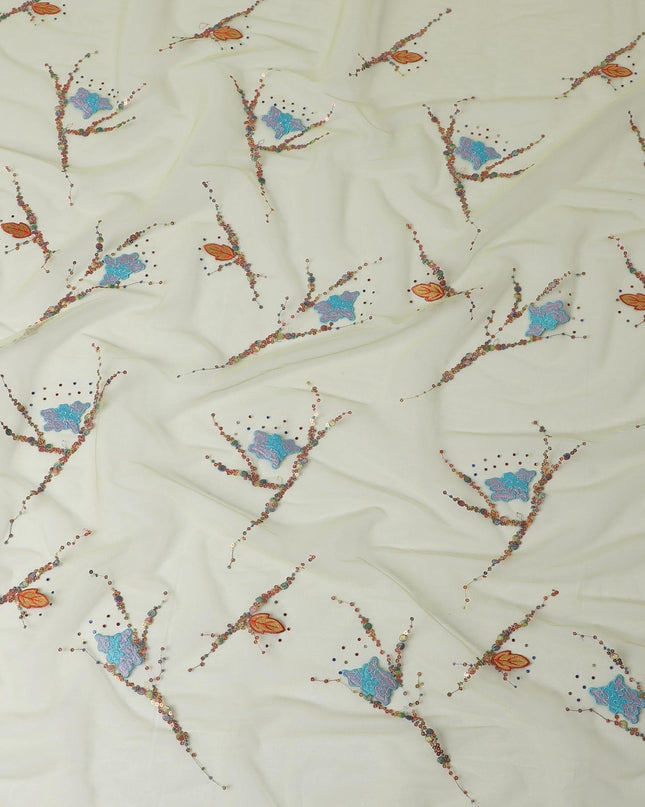 Lime green nylon tulle fabric with multi color embroidery and multi color sequins in abstract design