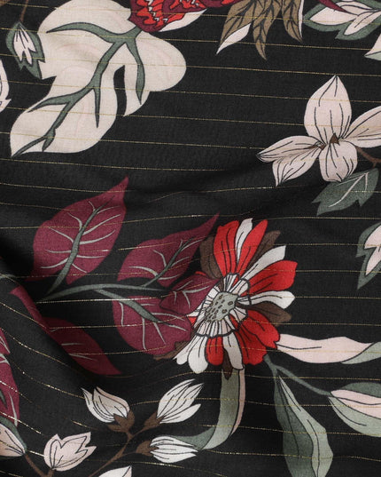 قماش كريب فيسكوز أسود مطبوع مع طبعات متعددة الألوان ولوريكس معدني بتصميم زهور-D11165