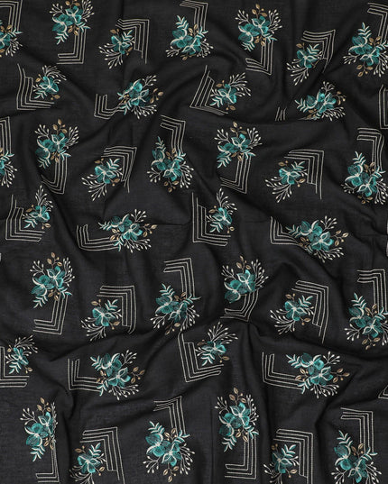 Black premium pure cotton voile fabric with multicolor embroidery in floral design-D13611
