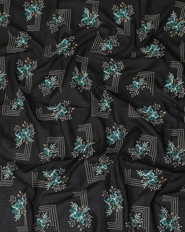 Black premium pure cotton voile fabric with multicolor embroidery in floral design-D13611