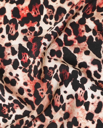 Beige premium pure silk crepe fabric with peach and black print in animal skin design-D9391