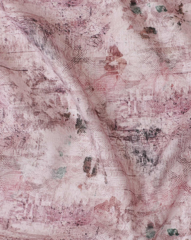 Light pink cotton lawn fabric with same tone and green print in abstract design-D9017