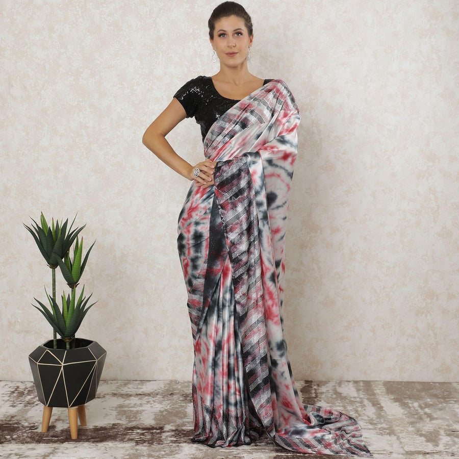 Pearl white Premium Pure silk satin saree with tie and die multicolor print having stone work in batik design-D12567
