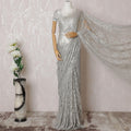 Cloud grey, silver Premium pure metallic French chantilly lace saree in floral design-D14912