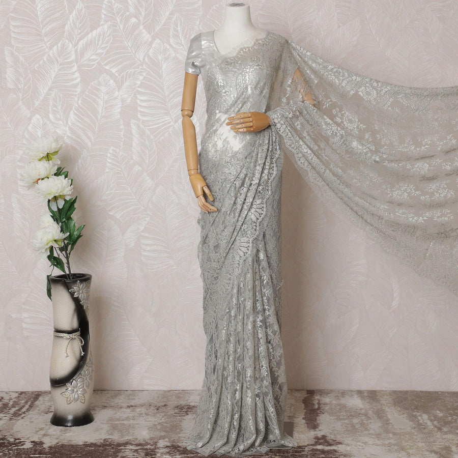 Cloud grey, silver Premium pure metallic French chantilly lace saree in floral design-D14912