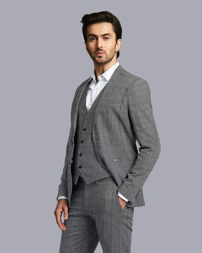 Seal grey Premium Italian wool suiting fabric with light pink checks design-D11445 Regal Fabrics