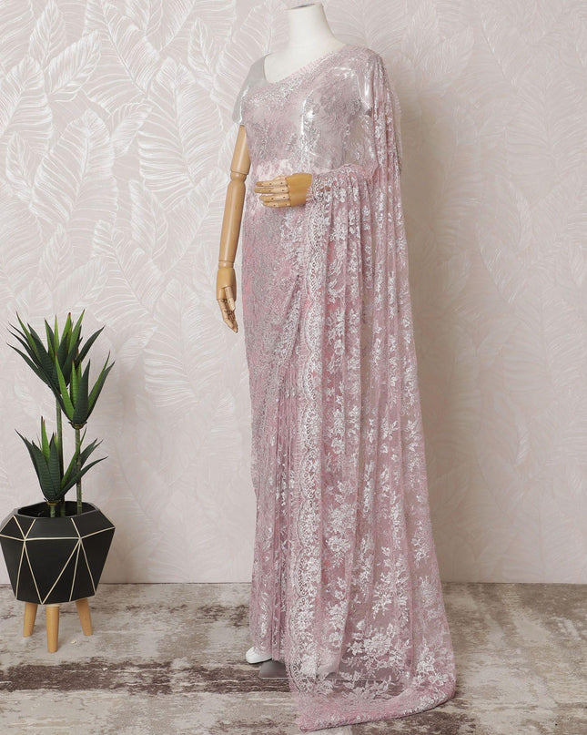 Baby pink, silver Premium pure French metallic chantilly lace saree in floral design-D15541
