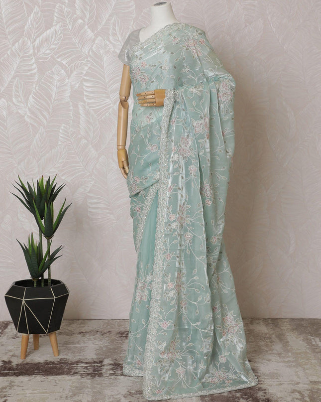 Light turquoise green Premium silk satin organza saree with sage green, beige, rose pink embroidery having gold bead work and sequin work in floral design-D15596