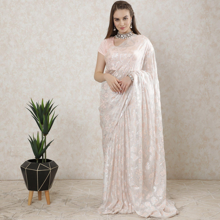Off white premium pure French silk chiffon saree with light peach viscose and silver metallic lurex in floral design-D10199