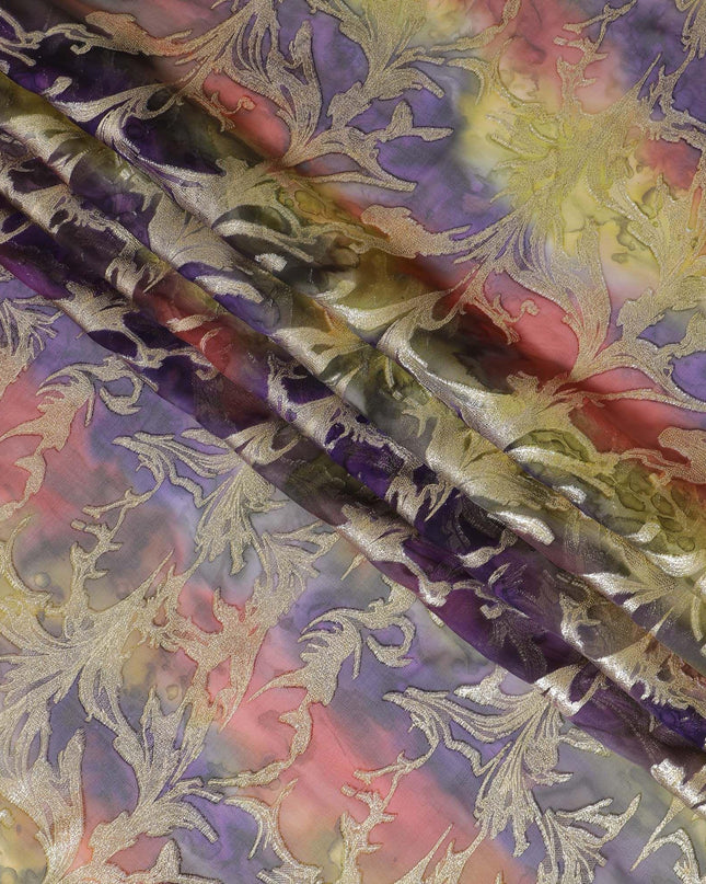 شيفون من الحرير الخالص متعدد الألوان مع لوريكس معدني ذهبي بتصميم أوراق الشجر -D11386