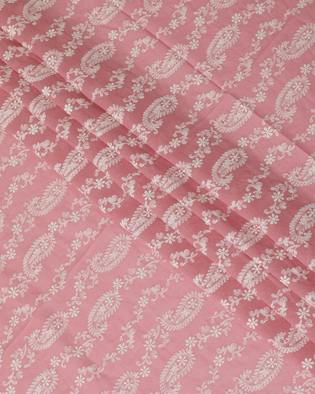 Coral pink premium pure cotton voile fabric with beige embroidery in paisley design-D13635