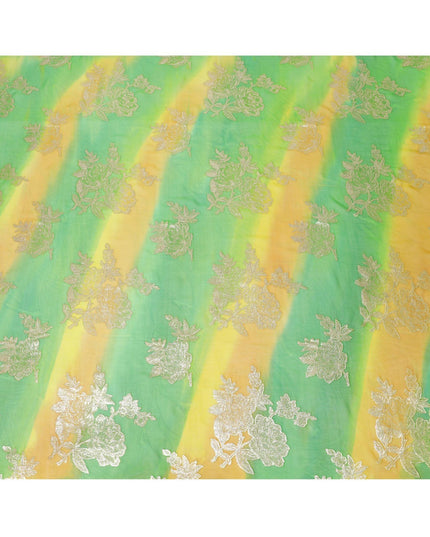 قماش شيفون حريري نقي فاخر باللون الأخضر الليموني مع طباعة يدوية متعددة الألوان مع لوريكس معدني ذهبي بتصميم فاخر-D10414