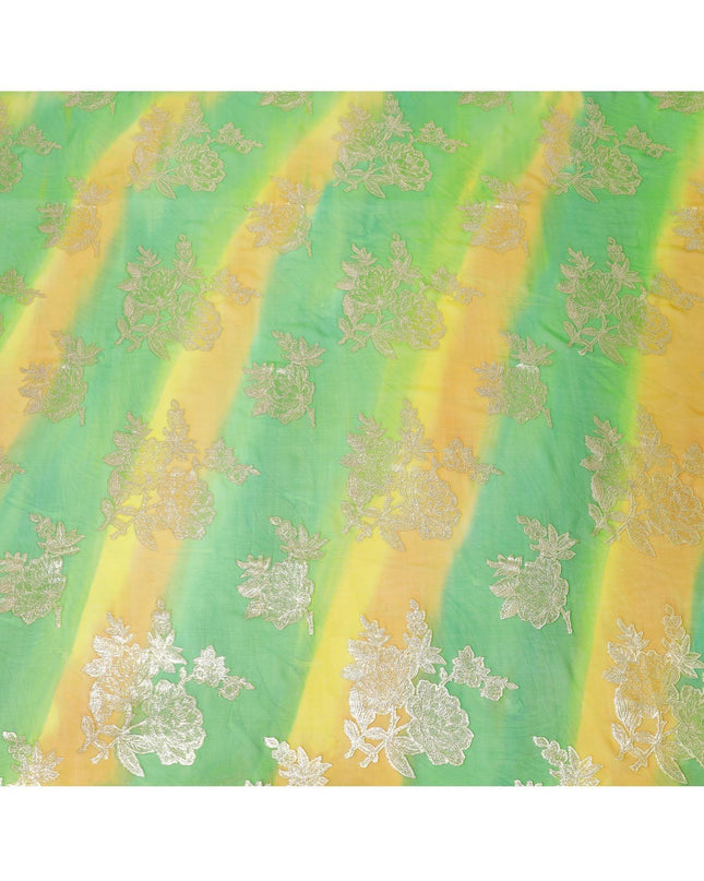 قماش شيفون حريري نقي فاخر باللون الأخضر الليموني مع طباعة يدوية متعددة الألوان مع لوريكس معدني ذهبي بتصميم فاخر-D10414