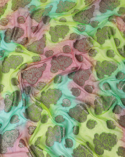 قماش شيفون حريري فرنسي (فرنساوي) فاخر متعدد الألوان مع لوركس معدني ذهبي بتصميم زهور-D14016