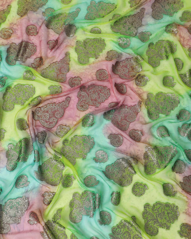 قماش شيفون حريري فرنسي (فرنساوي) فاخر متعدد الألوان مع لوركس معدني ذهبي بتصميم زهور-D14016