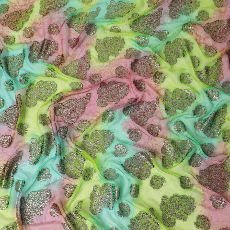 قماش شيفون حريري فرنسي (فرنساوي) فاخر متعدد الألوان مع لوركس معدني ذهبي بتصميم زهور-D14016