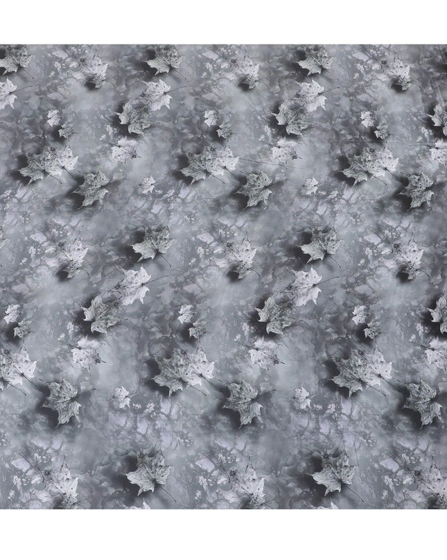 Fog grey synthetic satin fabric with same tone, off white and black print in floral design-D10275 Regal Fabrics