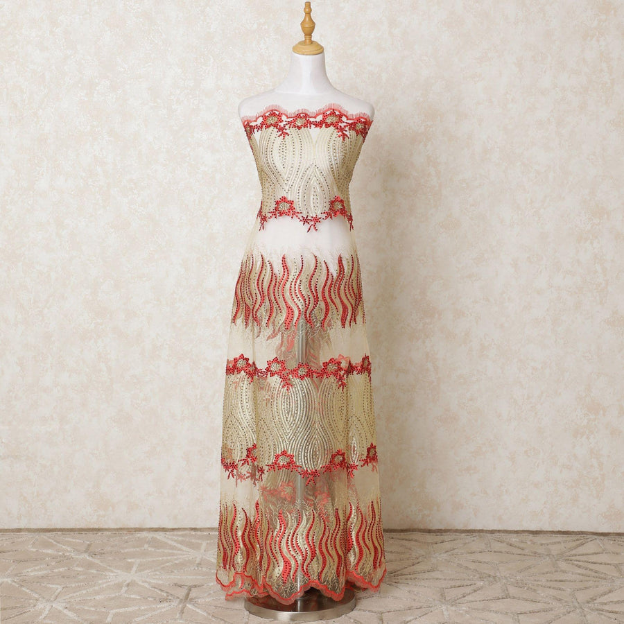 قماش تول نايلون ذهبي بنفس اللون، تطريز باللون الأحمر القرمزي مع عمل حجري بتصميم الأزهار-D12212