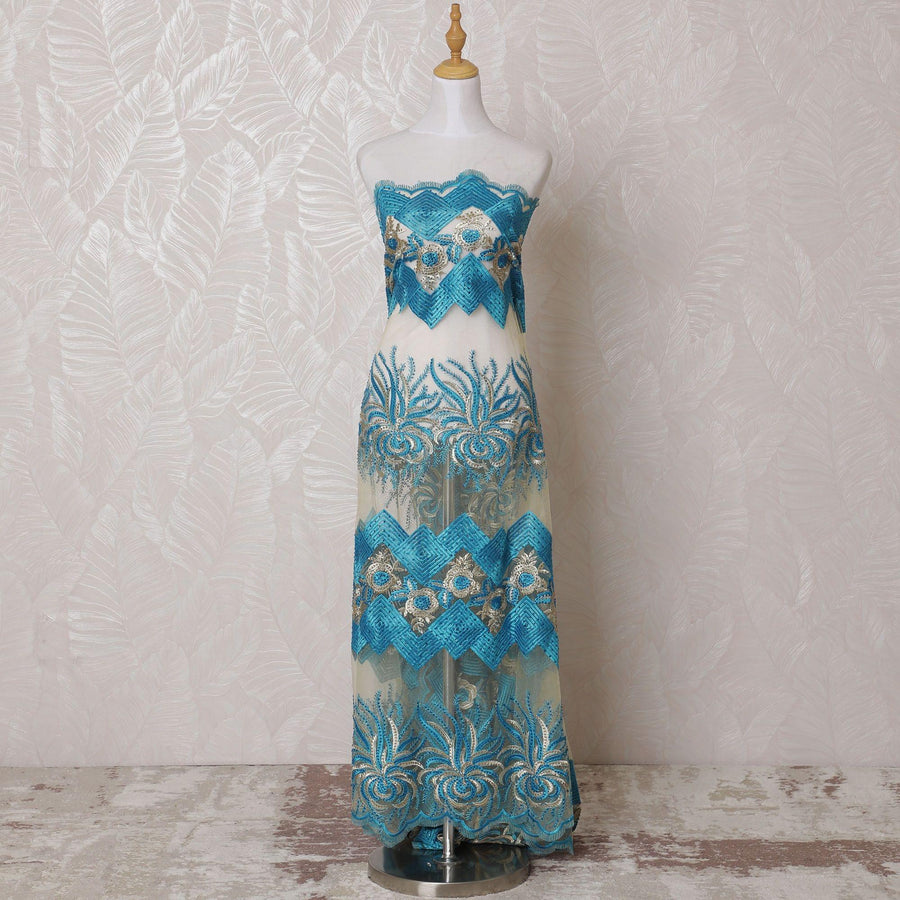 قماش تول نايلون ذهبي بنفس اللون، تطريز أزرق به أعمال حجرية بتصميم فاخر -D14758