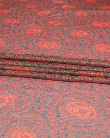 Maroon pure silk chiffon fabric with neon green and black metallic lurex in fancy design-D8979