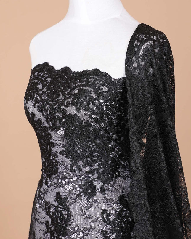 Black lace fabric with same tone embroidery in floral design-D9187