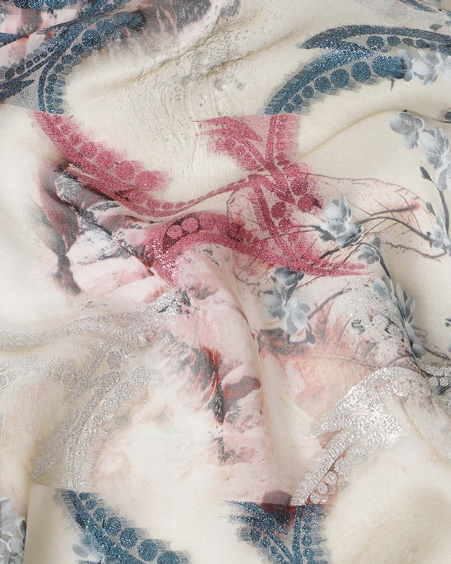 قماش شيفون صناعي بيج لاتيه مع طباعة متعددة الألوان مع لوريكس معدني وردي وفضي وأزرق بتصميم تجريدي -D9674