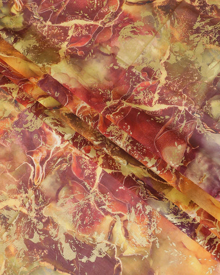 Squash orange Premium 100% Italian cotton voile (Sudanese Thobe) fabric with red and burgundy print having golden metallic foil finish in floral design-D13534 - Regal Fabrics
