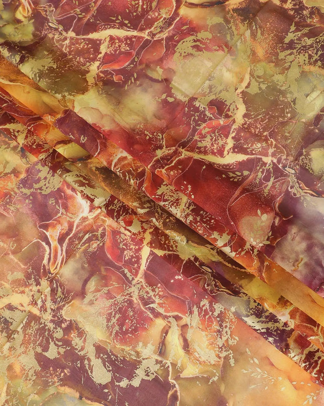 Squash orange Premium 100% Italian cotton voile (Sudanese Thobe) fabric with red and burgundy print having golden metallic foil finish in floral design-D13534 Regal Fabrics
