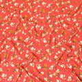 Scarlet red premium pure silk crepe fabric with beige, forest green and mustard yellow print in floral design-D9398 Regal Fabrics